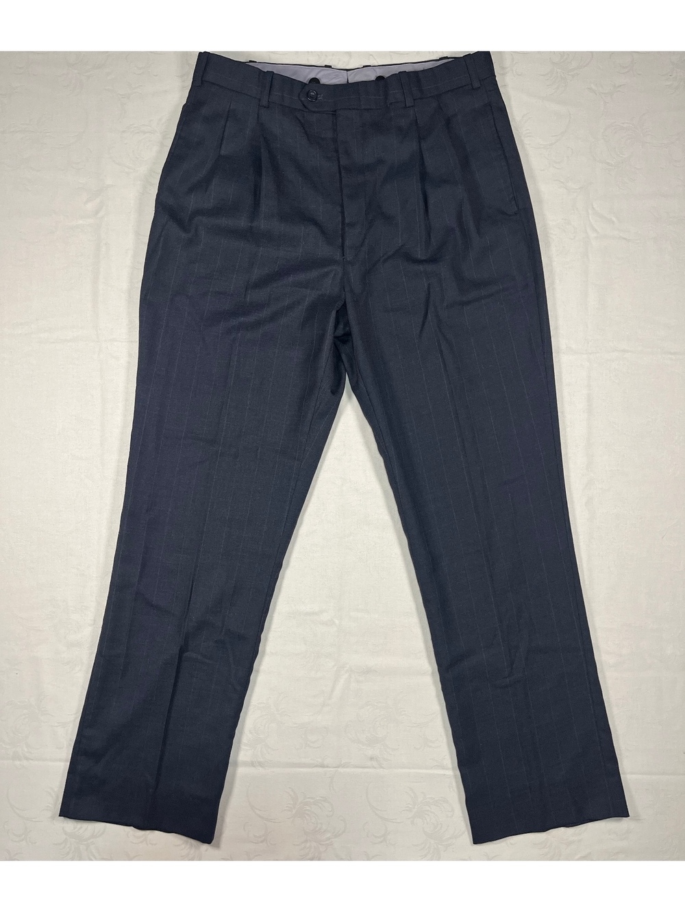 Vintage 90S Hunting Horn J Riggins Pleated Dress Pants Sz 35x31 Navy Pinstriped